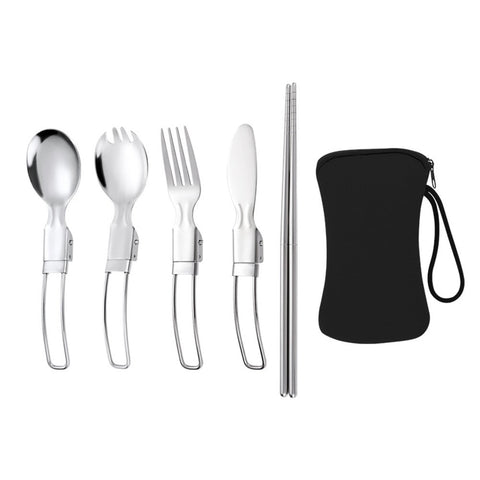 5 Pieces Folding Cutlery Set Foldable Stainless Steel Utensil With Storage Bags Outdoor Tableware