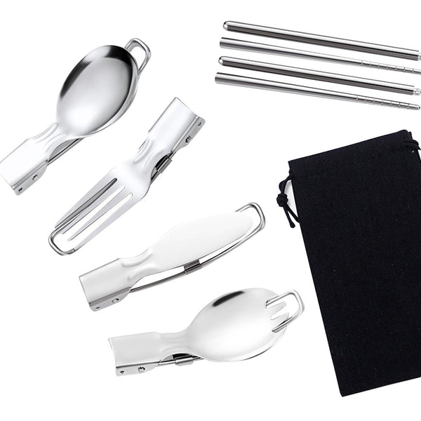 5 Pieces Folding Cutlery Set Foldable Stainless Steel Utensil With Storage Bags Outdoor Tableware