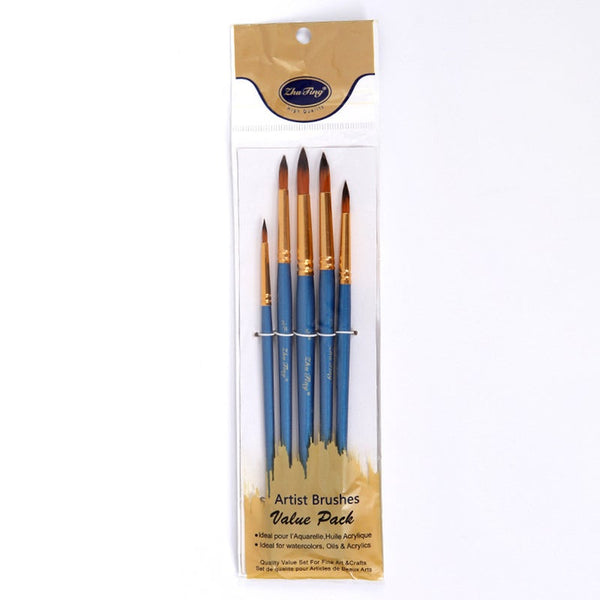 5Pcs/Set Nylon Hair Wooden Handle Watercolor Paint Brush Oil Different Sizes