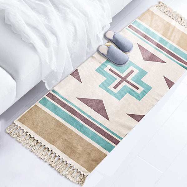 60 X 150Cm Retro Bohemian Carpet Hand Woven Cotton Linen Rug Bedside Geometric Floor Mat Living Room Bedroom Home Decor Ver