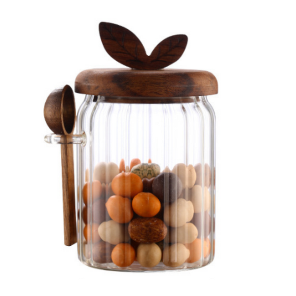600Ml Premium Borosilicate Glass Storage Jar With Acacia Wood Lid & Integrated Spoon A€“ Airtight Moisture Proof Kitchen Canister For Tea Coffee And S
