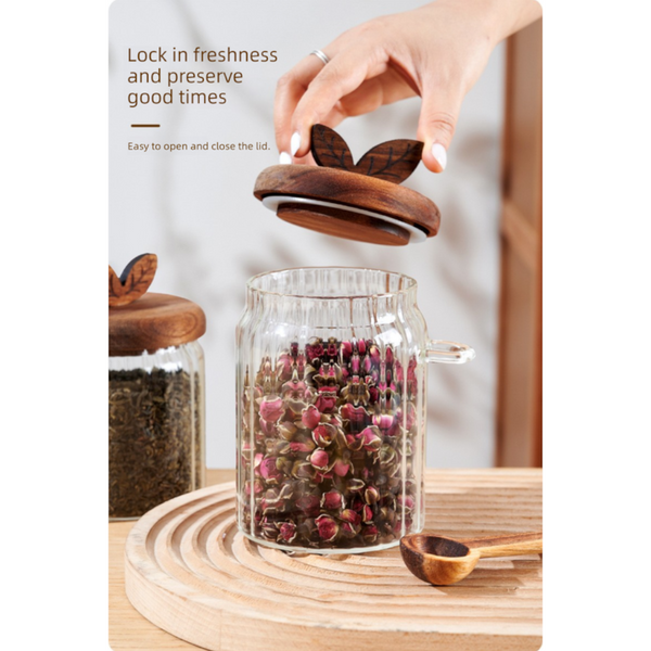 600Ml Premium Borosilicate Glass Storage Jar With Acacia Wood Lid & Integrated Spoon Airtight Moisture Proof Kitchen Canister For Tea Coffee And Spice