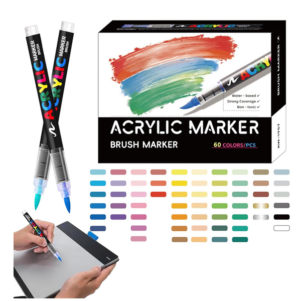 60 Colour Set Vibrant Cyan Acrylic Marker With Soft Brush Tip 13.8 Cm Professional Art Pen Art Pens & Markers