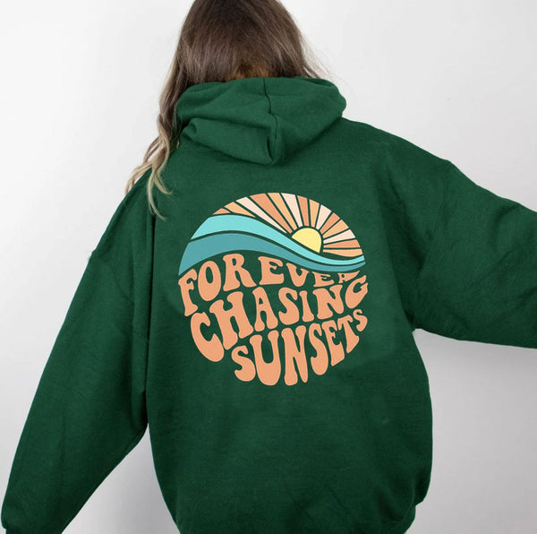 Women Fleece Lined Sunset Print Kangaroo Pocket Drawstring Hoodie Hoodies & Sweatshirts