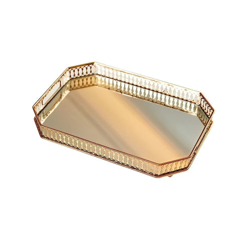 35Cm Gold Rectangle Glass Mirror Base Metal Vanity Food Serving Organiser Tray Trays