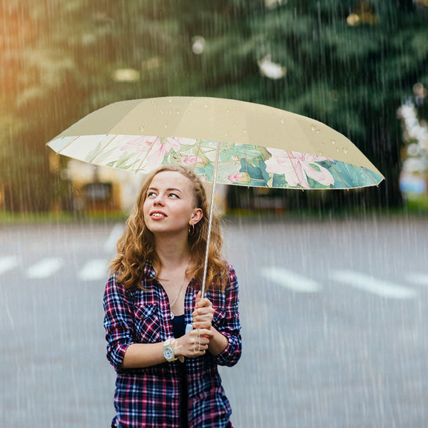 16 Rib Color Rubber & Gold Aluminum Alloy Frame: New Chinese Retro Folding Umbrella With Sun Protection And Uv Resistance. Umbrellas