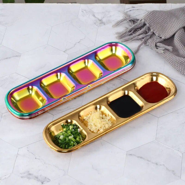 Gold Stainless Steel 4 Grid Seasoning Sauce Dish For Kitchen Dining Bar Plates