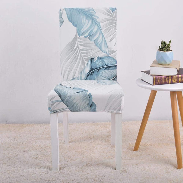Chair Cover Sky Blue Leaf Design Anti Dirt Elastic Material For Slipcovers