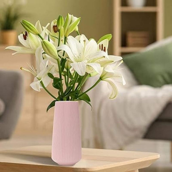 Flower Vase Pink Large Ribbed Nordic Style Pot For Garden Decor Vases