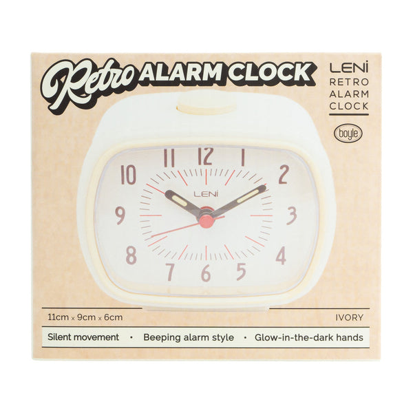 Leni Retro Alarm Clock In Ivory With Luminescent Hands And Large Button Alarm Clocks & Clock Radios