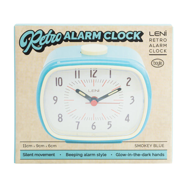 Leni Retro Alarm Clock In Smokey Blue With Luminescent Hands And Step Movement Alarm Clocks & Clock Radios