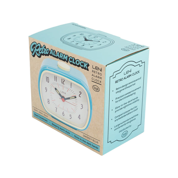 Leni Retro Alarm Clock In Smokey Blue With Luminescent Hands And Step Movement Alarm Clocks & Clock Radios