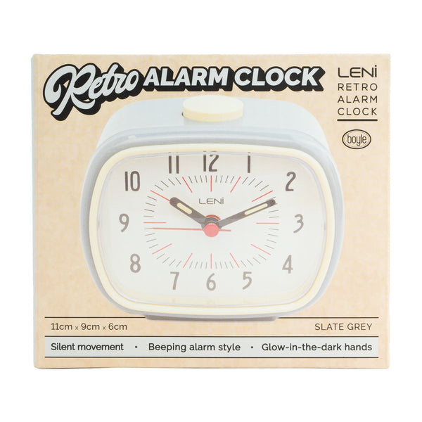 Leni Retro Alarm Clock Slate Grey Lightweight Plastic With Glow In The Dark Details Alarm Clocks & Clock Radios