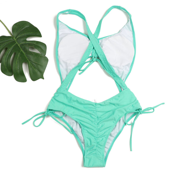One Piece Swimsuit Backless Solid Color Gathering Bikini Swimwear