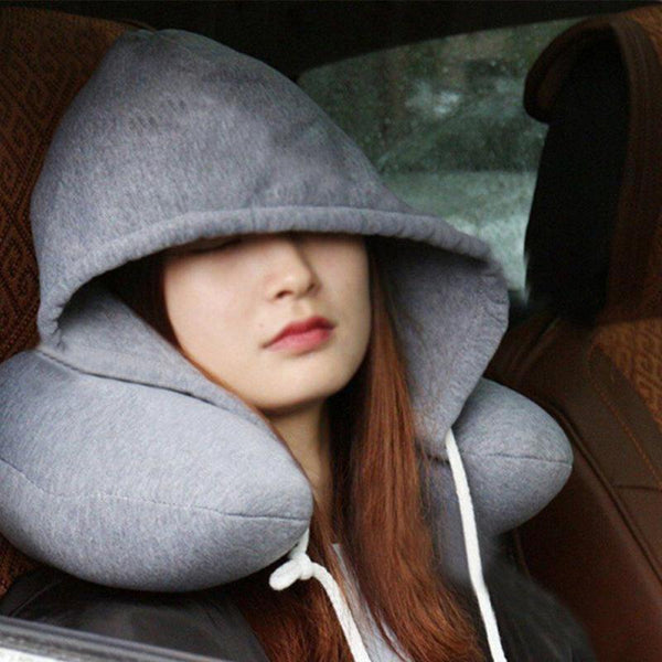 Grey U Shaped Neck Pillow With Drawstring Hood Pillows