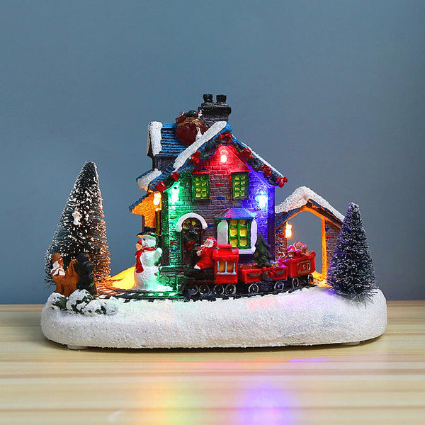Christmas Lighted House Decorative Resin Gift Ornament With European Snow Scene And Led Lights Seasonal Decorations
