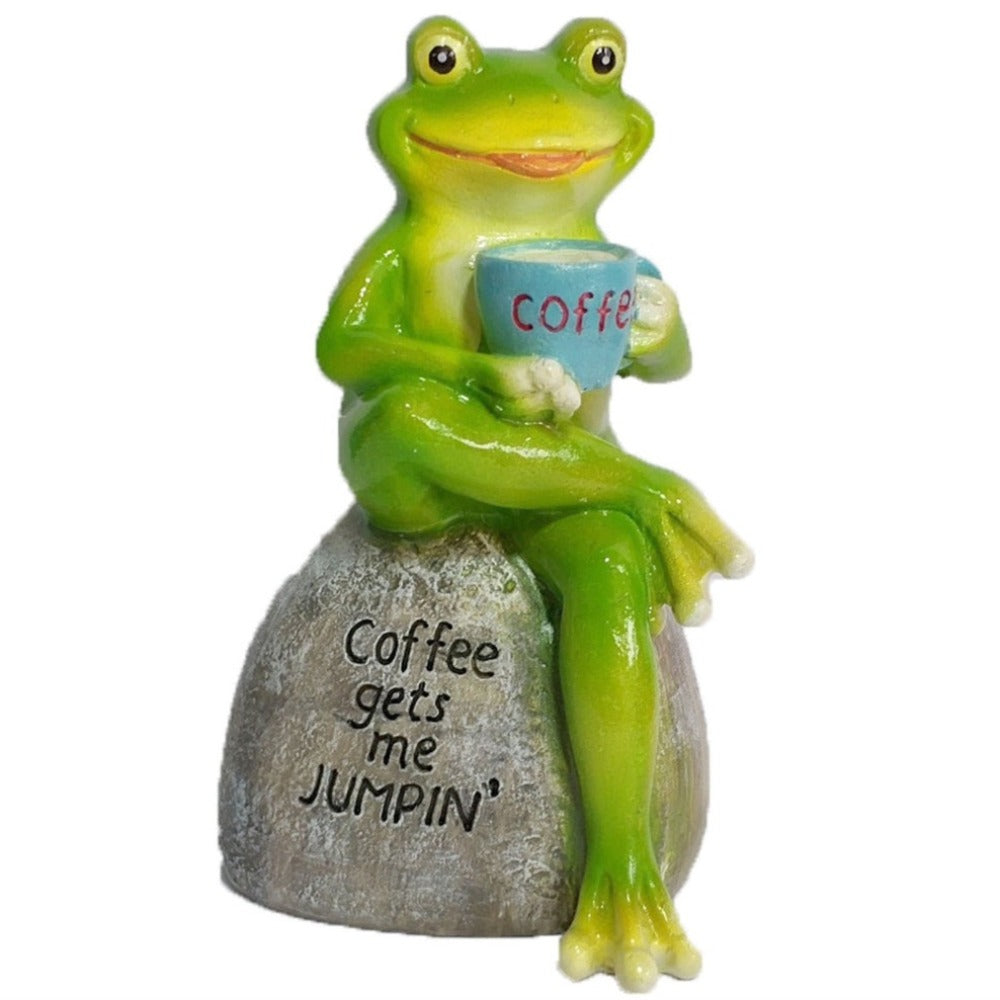 Animal Design Statuary Green Sitting Frog Drinking Coffee Stone Garden Statue Ornaments & Statues