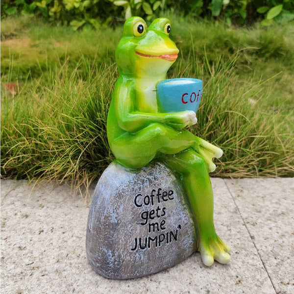 Animal Design Statuary Green Sitting Frog Drinking Coffee Stone Garden Statue Ornaments & Statues