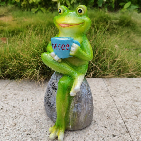 Animal Design Statuary Green Sitting Frog Drinking Coffee Stone Garden Statue Ornaments & Statues