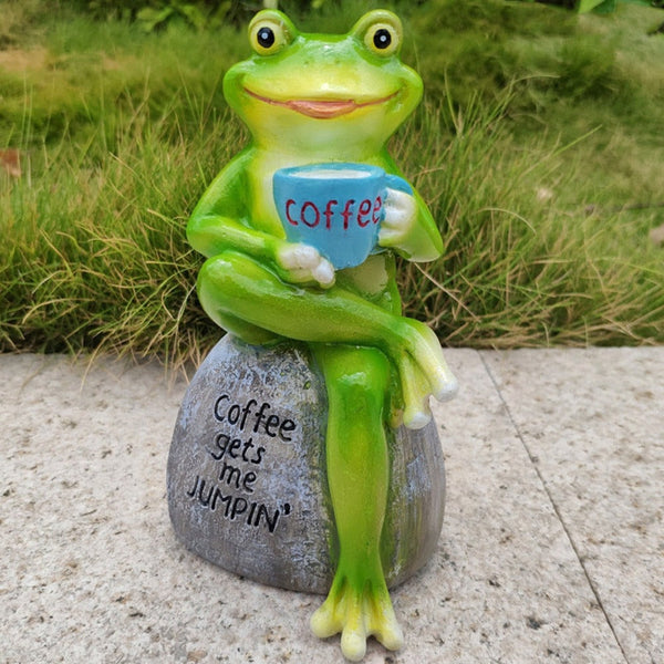Animal Design Statuary Green Sitting Frog Drinking Coffee Stone Garden Statue Ornaments & Statues