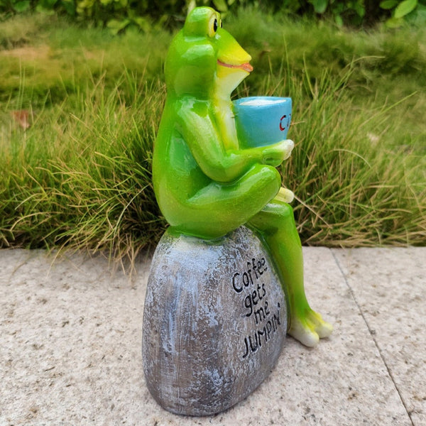 Animal Design Statuary Green Sitting Frog Drinking Coffee Stone Garden Statue Ornaments & Statues