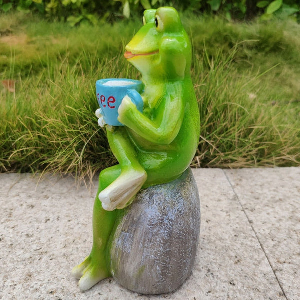 Animal Design Statuary Green Sitting Frog Drinking Coffee Stone Garden Statue Ornaments & Statues