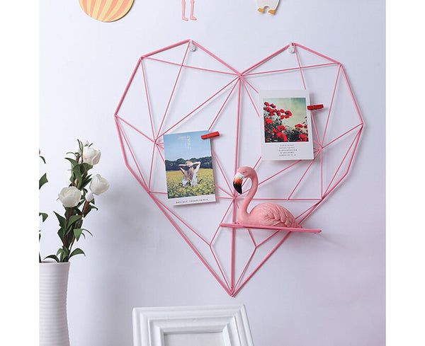 Heart Shape Grid Mesh Picture Rack Photos Holder Shelf Wall Hanging Home Decor-Pink