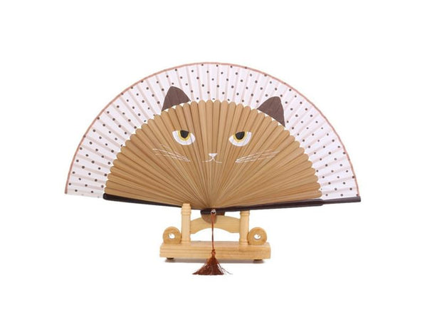 Cat Pattern Tassel Dancing Folding Hand Fan Craft Gift Decoration Apricot Hand Fans