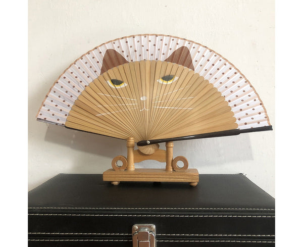 Cat Pattern Tassel Dancing Folding Hand Fan Craft Gift Decoration Apricot Hand Fans
