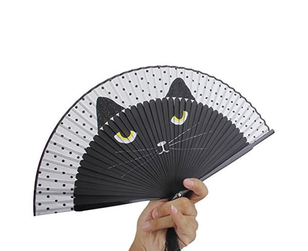 Cat Pattern Tassel Dancing Folding Hand Fan Craft Gift Decoration Apricot Hand Fans