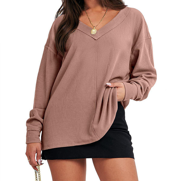 Fashion Lightweight V-Neck Sweaters Women Winter Casual Long Sleeve Ribbed Knit Side Slit Pullover Top