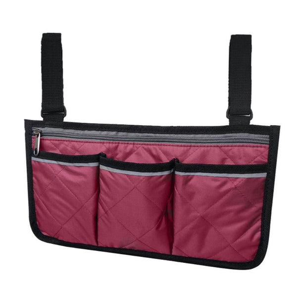 Wheelchair Multi Pocket Side Hanging Bag Storage Pouch With Reflective Strip Wine Red Storage Bags