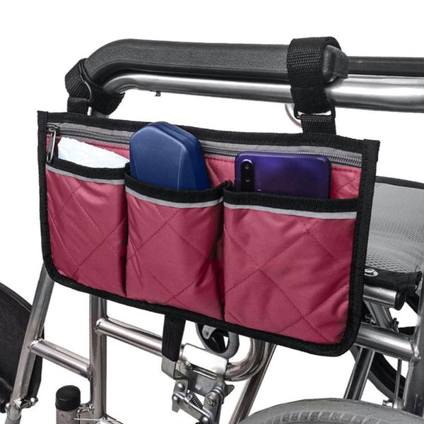 Wheelchair Multi Pocket Side Hanging Bag Storage Pouch With Reflective Strip Wine Red Storage Bags