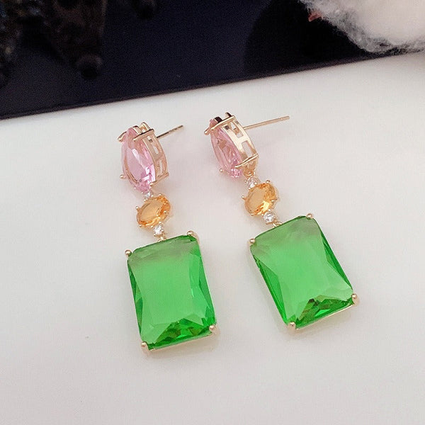 Veile Studios Pink Droplet Geometric Square With Transparent Zircon In Candy Colour Earrings