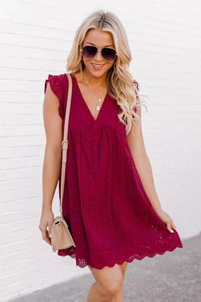 Lace Cutout V Neck Midi Summer Casual Dress Women Dresses