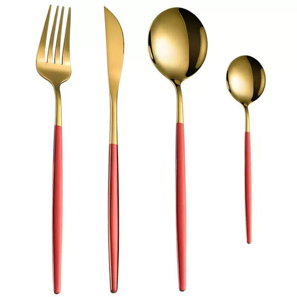 Stainless Steel Cutlery Set With Portuguese Gold Spray Painted Steak Knife Fork Spoon And Tea 4 Piece Gift Pack Cutlery Sets