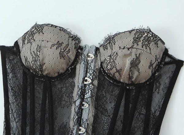 Lace Splicing Fitted Waistband Top With Strap Tube Tops