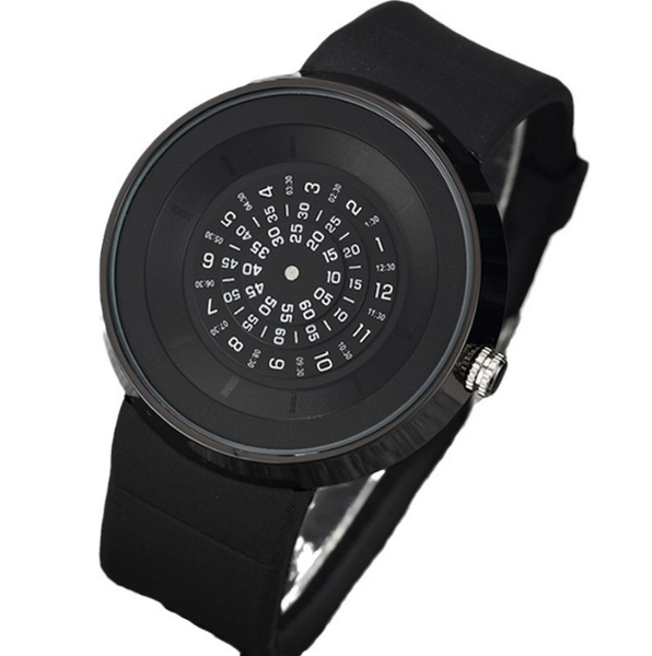 Unique Turntable Black Quartz Wristwatch Men Creative Time Code Watch Waterproof Design Light Sort Cool 3D Scale Watches