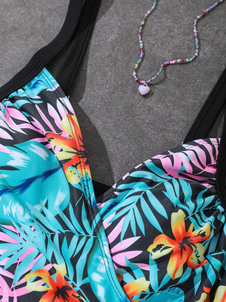 One Piece Printed Solid Color Drawstring Gathered Slimming  Bikini Women's Swimwear