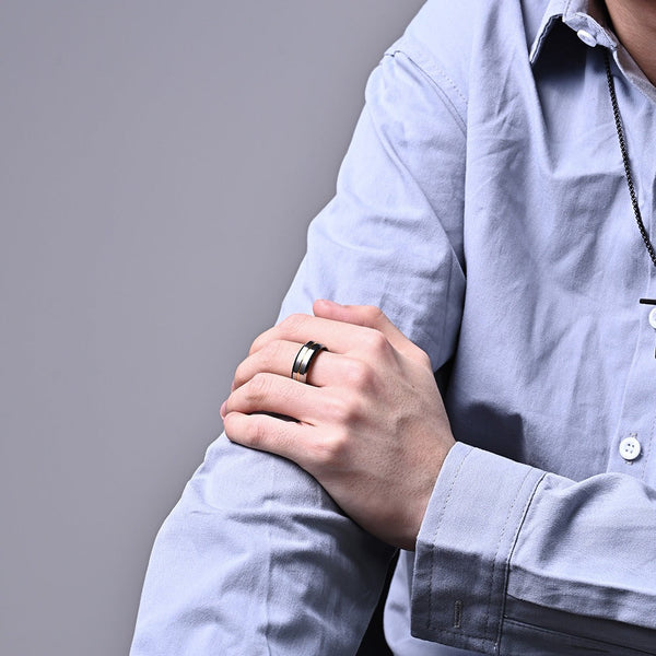 Veile Studios Blue Tungsten Gold Simple Mens Ring With Ribbon Wear Resistant Design Rings