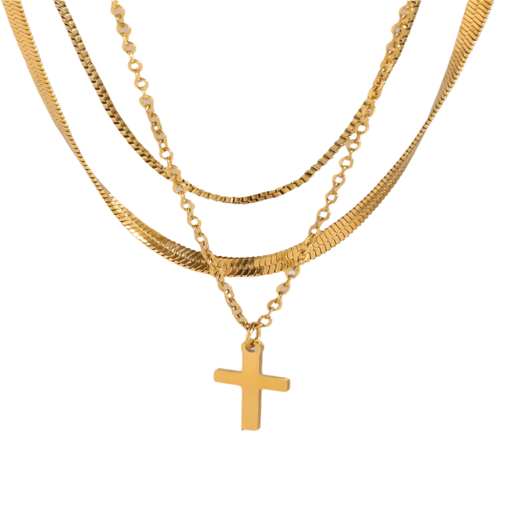 18K Gold Plated Three Layered Cross Necklace Necklaces & Pendants