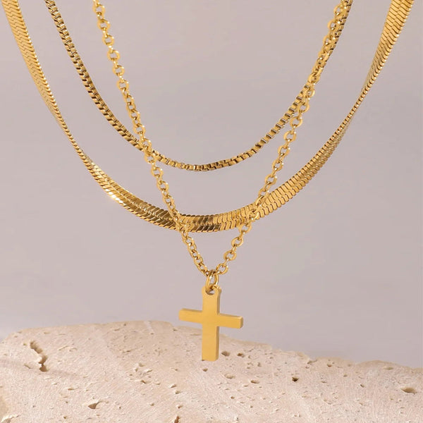 18K Gold Plated Three Layered Cross Necklace Necklaces & Pendants