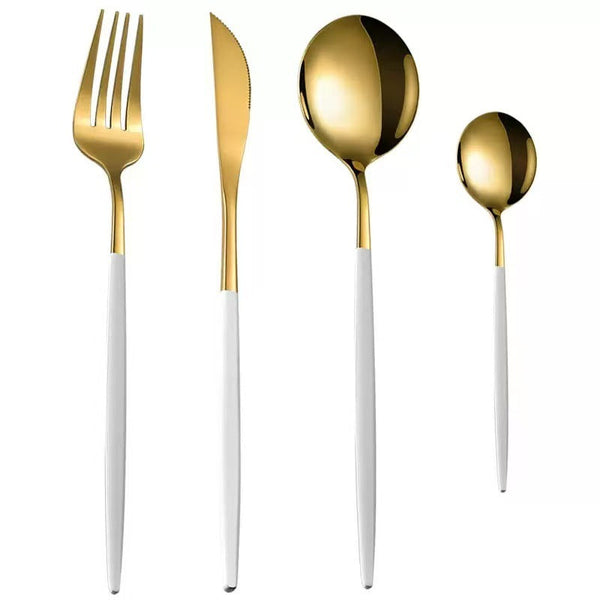 Stainless Steel Cutlery Set With Portuguese Gold Spray Painted Steak Knife Fork Spoon And Tea 4 Piece Gift Pack Cutlery Sets