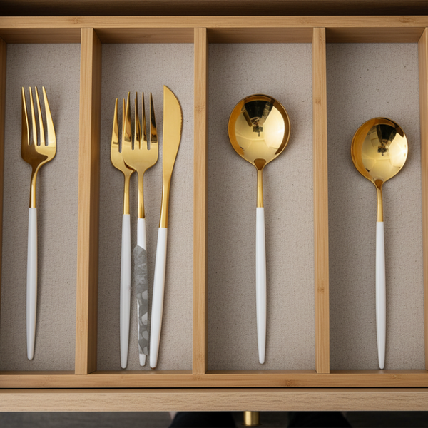 Stainless Steel Cutlery Set With Portuguese Gold Spray Painted Steak Knife Fork Spoon And Tea 4 Piece Gift Pack Cutlery Sets