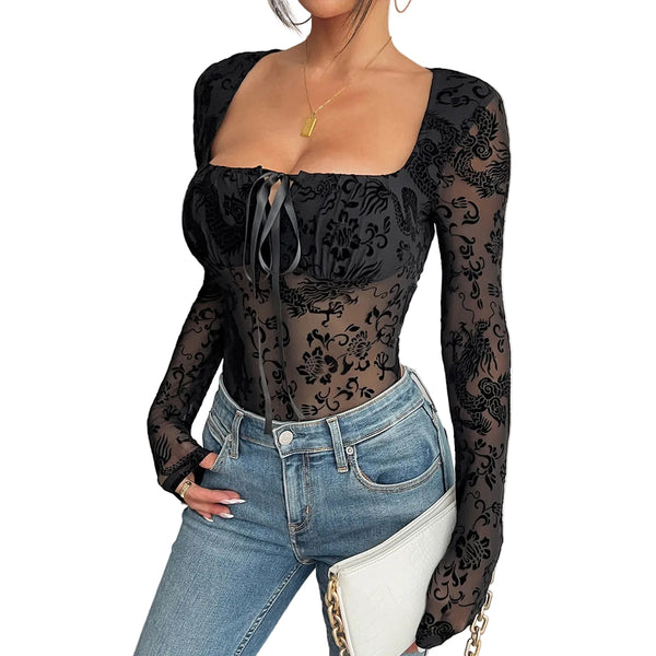 Early Autumn Ins Street  Animal Print Flocking Drawstring Semi Transparent Slim Fit Long Sleeve Jumpsuit Jumpsuits Rompers & Playsuits