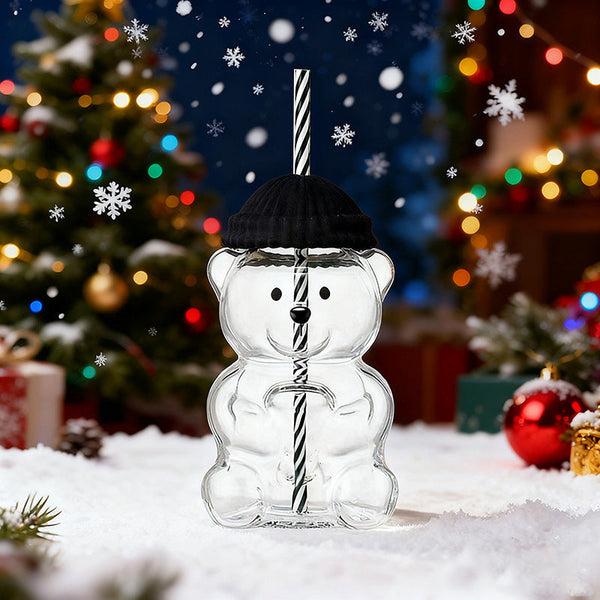 Cartoon Teddy Bear Shaped Glass Cup Christmas Straw Large Capacity Cups Mugs & Glasses