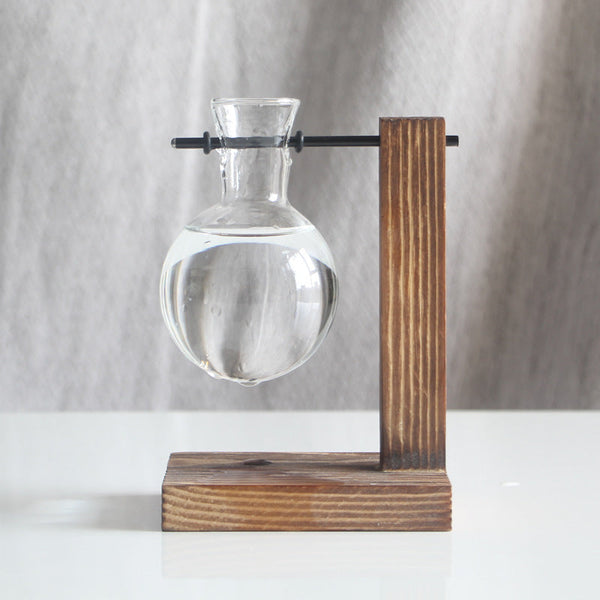 Transparent Bulb Vase With Wood Stand. For Hydroponics. Great Coffee Shops & Room Decor. Vases