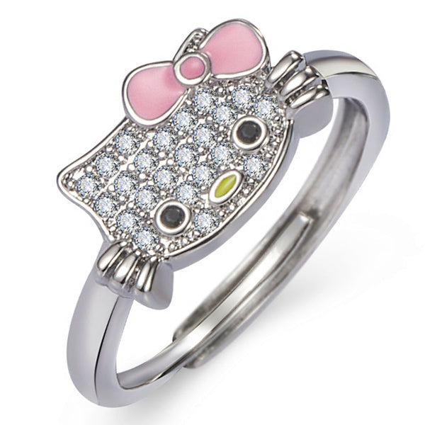 Kitty Cat Open Ring Ear Necklace Jewellery Set Rings