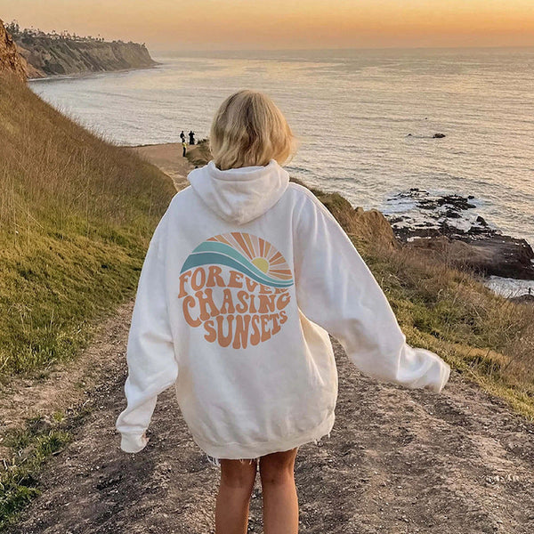Women Fleece Lined Sunset Print Kangaroo Pocket Drawstring Hoodie Hoodies & Sweatshirts