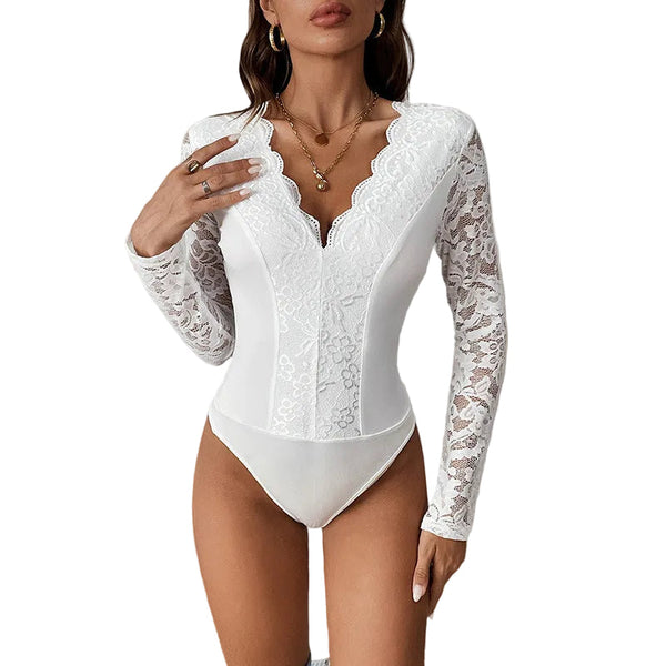 Solid Color Long Sleeve V Neck Lace Jumpsuit Jumpsuits Rompers & Playsuits